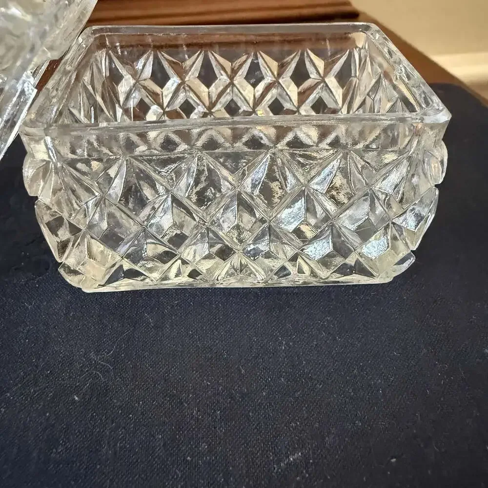 Vintage Cut Crystal Jewelry Trinket Box with Diamond Pattern